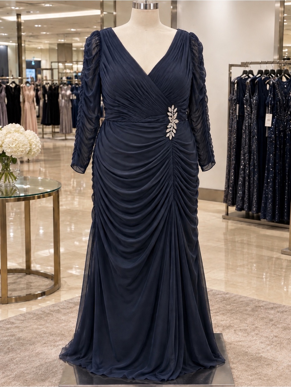 Adrianna Papell Navy Blue Ruched Evening Gown – Size 16W
